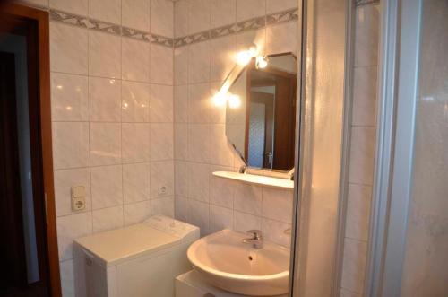 a bathroom with a sink and a toilet and a mirror at Ferienwohnung Biedermann in Schönwald