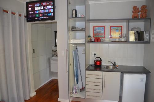 a bathroom with a sink and a toilet and a television at Anni Bos in Stellenbosch
