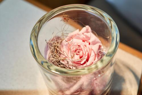 a glass vase with a pink rose in it at Historisches Gästehaus Au Faucon von 1535 in Wissembourg