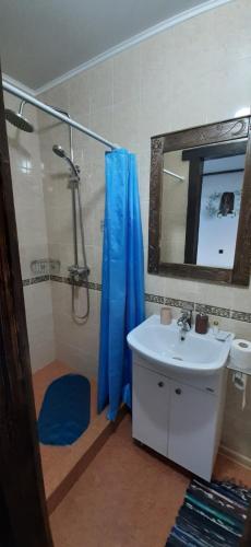 a bathroom with a shower and a sink and a mirror at Диканька на Тамани 2 in Taman