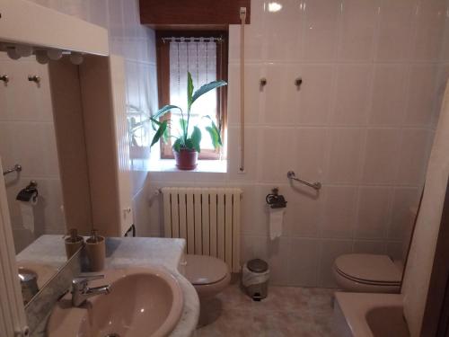 baño con lavabo y aseo y ventana en Casa Ayabe en Jaurrieta