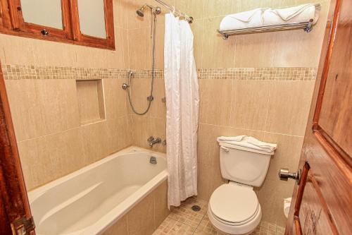 a bathroom with a toilet and a bath tub at Hotel San Marcos in San Cristóbal de Las Casas
