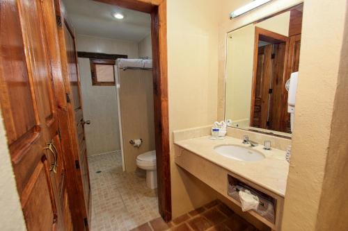 a bathroom with a sink and a toilet and a mirror at Hotel San Marcos in San Cristóbal de Las Casas