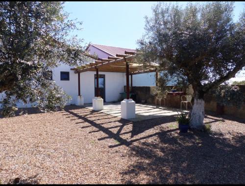 una casa blanca con un pabellón y dos árboles en Herdade da Carapuça, en Portalegre