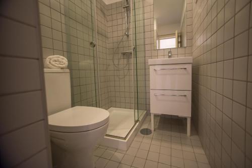 uma casa de banho com um WC e uma cabina de duche em vidro. em Oporto Cool - Praça da Batalha em Porto
