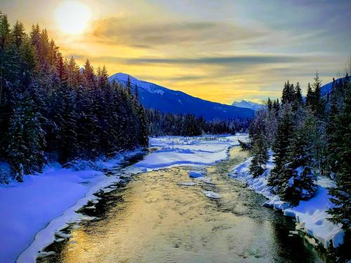 a river with snow and trees and the sun in the sky at Mica Mountain Lodge & Log Cabins in Tete Jaune Cache