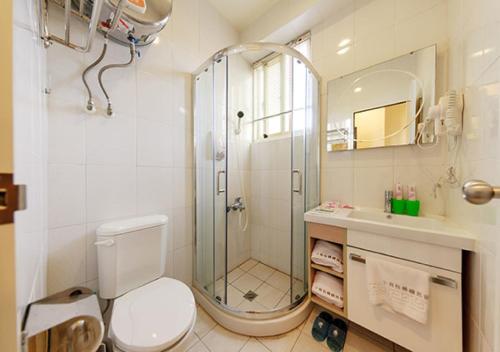 a bathroom with a shower and a toilet and a sink at Backpacker B&B in Jinning