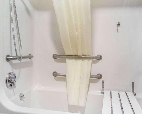 a shower curtain in a bathroom with a toilet at Greenstay Inn & Suites Court View in Springfield