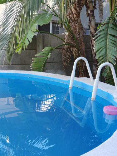 a blue swimming pool with two handles in the water at Garden Corner Guesthouse in Beaufort West