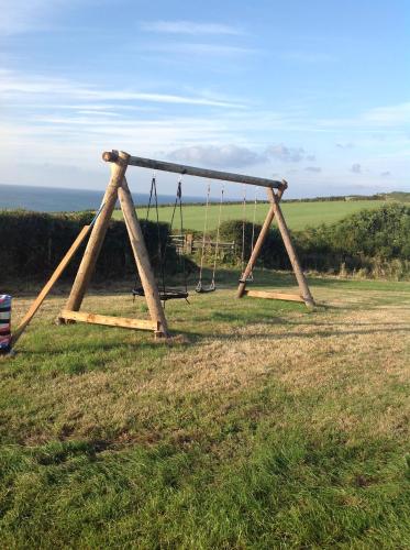 an old swing set in a field of grass at Pant Glas in Cardigan