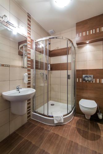 a bathroom with a shower and a sink and a toilet at Chata Walichnowska in Sokolniki