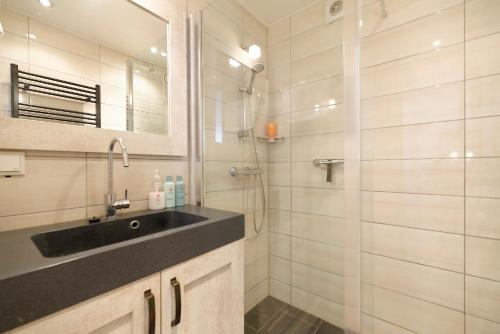 a bathroom with a sink and a shower at Appartement Veerse Kreek in Veere