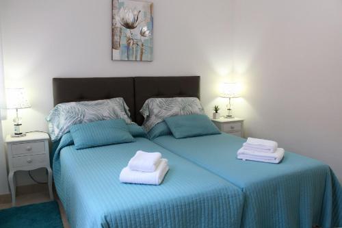 een slaapkamer met een blauw bed en handdoeken bij Penthouse Patio de doña Julia in Casares