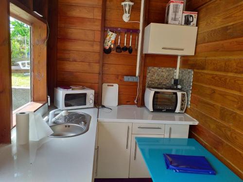 a small kitchen with a sink and a microwave at LESTEPHANIA in Le Moule