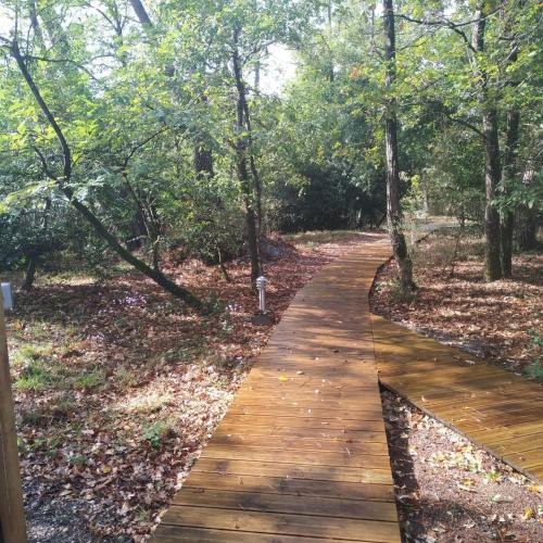 a wooden path through a park in the woods at Les roulottes Vesta in Léognan