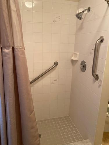 a bathroom with a shower with a shower curtain at Modern Pool Home in Spring Hill