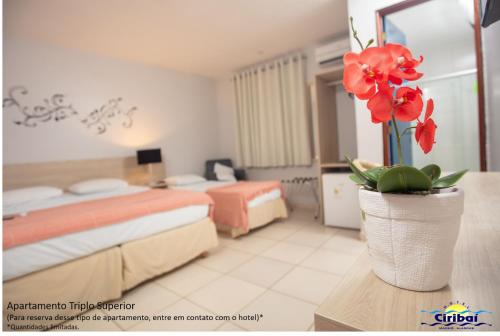 a hotel room with two beds and a vase with red flowers at Hotel Ciribaí in Maceió