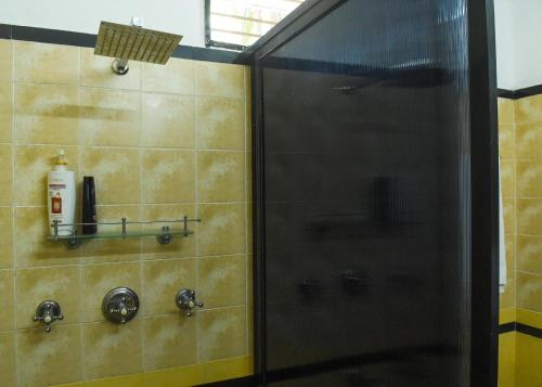 um chuveiro com uma porta de vidro na casa de banho em Govindamangalam Homestay em Cochin