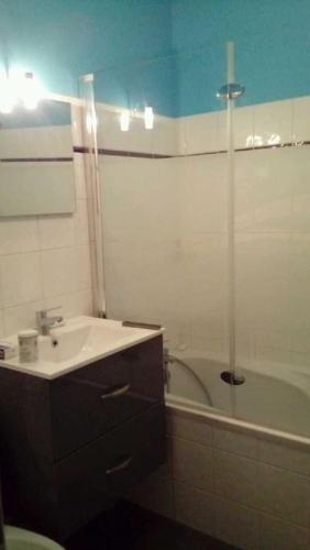 une salle de bain avec un lavabo, une douche et une baignoire dans l'établissement Camp de base, au Bourg-dʼOisans