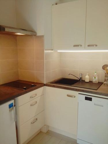 a small kitchen with white cabinets and a sink at Camp de base in Le Bourg-dʼOisans