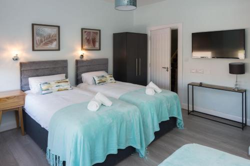 two twin beds in a room with a television at Titanic Guest 4 Star Boutique- Tourism NI certified- Free parking in Belfast