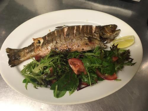 a plate of food with a fish and a salad at Apartmány Braníčkov in Branickov