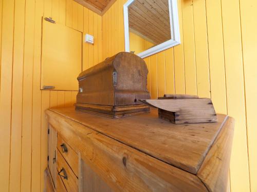 - un poêle à bois installé au-dessus d'un comptoir dans une pièce dans l'établissement Lofoten Hiking Lodge, à Bøstad