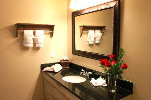 a bathroom with a sink and a mirror and towels at The Historic Brookstown Inn, Trademark Collection by Wyndham in Winston-Salem