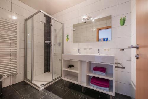uma casa de banho com um lavatório e um chuveiro em Apartment Valentina em Neustift im Stubaital