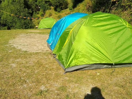 two green and blue tents in a field at Ara Camps in McLeod Ganj