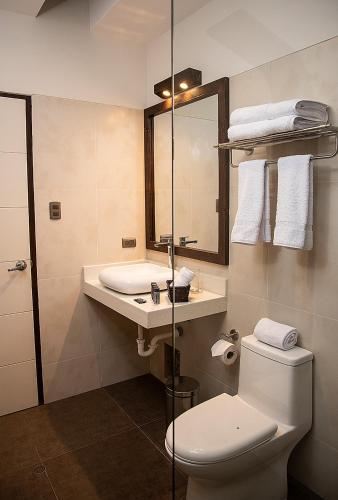 a bathroom with a toilet and a sink and a mirror at Acolpacha Tambo Boutique in Arequipa