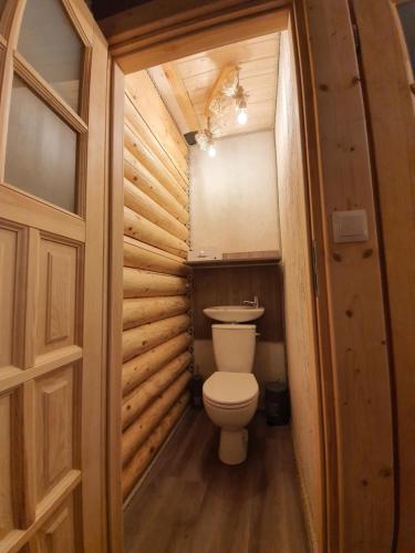 a bathroom with a toilet in a wooden house at Cicha Polana in Szczyrk