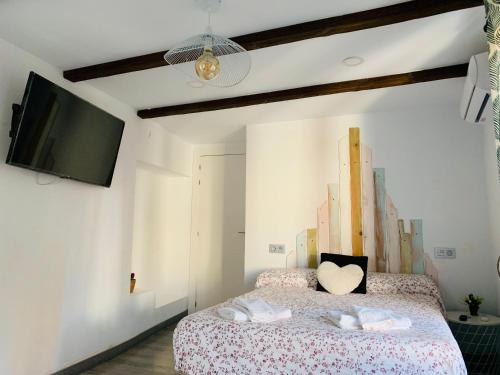 a bedroom with a bed with a tv on the wall at Viviendas La Placita Centro in Málaga