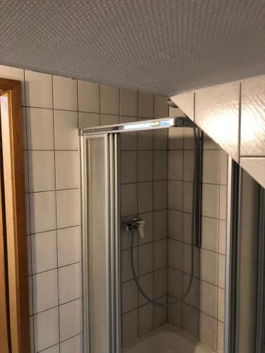 een badkamer met een douche en een glazen deur bij Wohnen auf Zeit in Duisburg