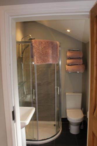 a bathroom with a shower and a toilet and a sink at The Old Post Office pretty village 20min from York in York