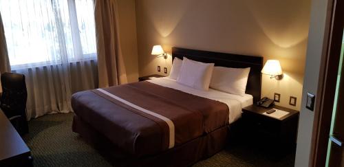 um quarto de hotel com uma cama grande e duas lâmpadas em Hotel Diego de Almagro Alto el Loa Calama em Calama