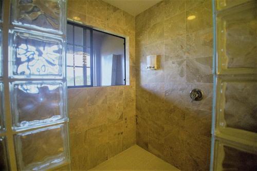 baño con ducha y puerta de cristal en The Inn at Kulaniapia Falls, en Hilo