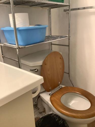 a bathroom with a toilet with a wooden toilet seat at home stay in Victoria