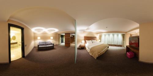 een grote hotelkamer met een bed en een televisie bij Daria Suite in Târgu Jiu