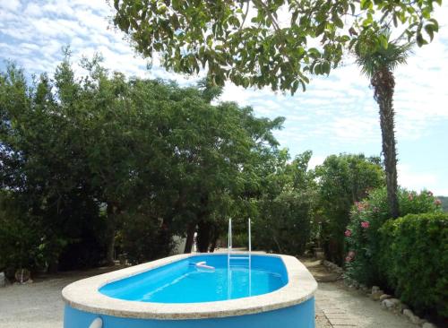 Bitem的住宿－VILLA PROVIDENCIA，一座种植了树木的庭院里的大型蓝色游泳池