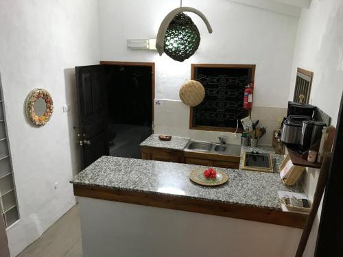 uma cozinha com um balcão e um lavatório em Vi Miles Lodge em Mahé