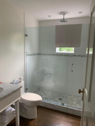 uma casa de banho com um WC e uma cabina de duche em vidro. em Bridgehampton Inn em Bridgehampton