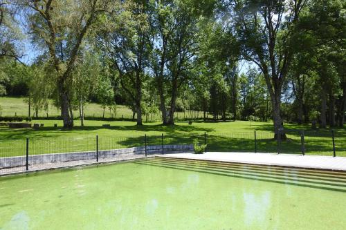 une piscine d'eau verte dans un parc arboré dans l'établissement Domaine de Montauban, à Perrancey