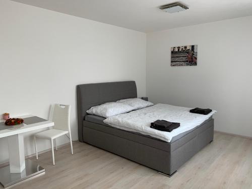 1 dormitorio con cama, mesa y escritorio en Modern apartment in the city center, en Plzeň