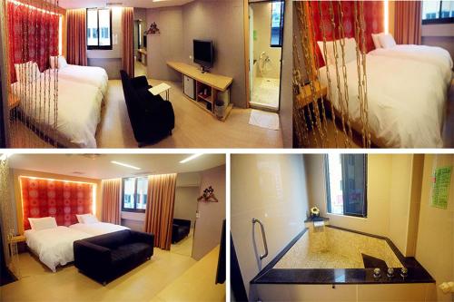 two pictures of a hotel room with two beds and a bathroom at Every Day Hot Spring Hotel in Jiaoxi