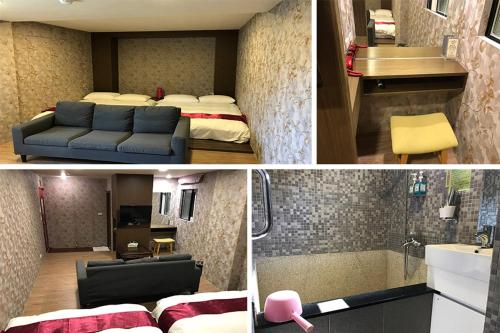 two pictures of a room with a bed and a bathroom at Every Day Hot Spring Hotel in Jiaoxi