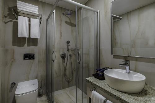 a bathroom with a shower and a sink and a toilet at Vicenza Hotel Istanbul Old City in Istanbul