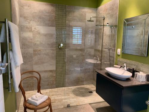 uma casa de banho com um chuveiro, um lavatório e um WC. em Frida’s Place - Quiet in Stellenbosch Central em Stellenbosch