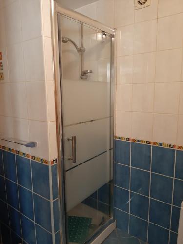 een douche met een glazen deur in de badkamer bij Gîte Les Grands Champs in Bellentre