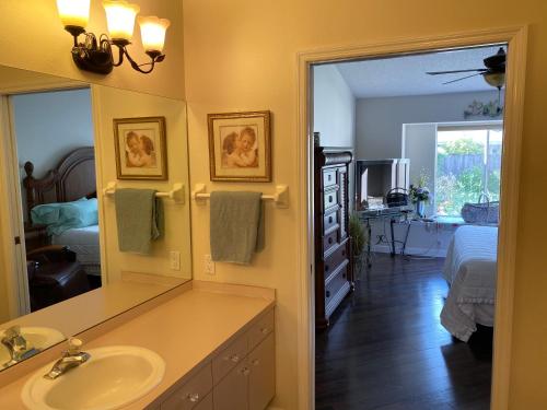 a bathroom with a sink and a mirror and a bedroom at Modern Pool Home in Spring Hill